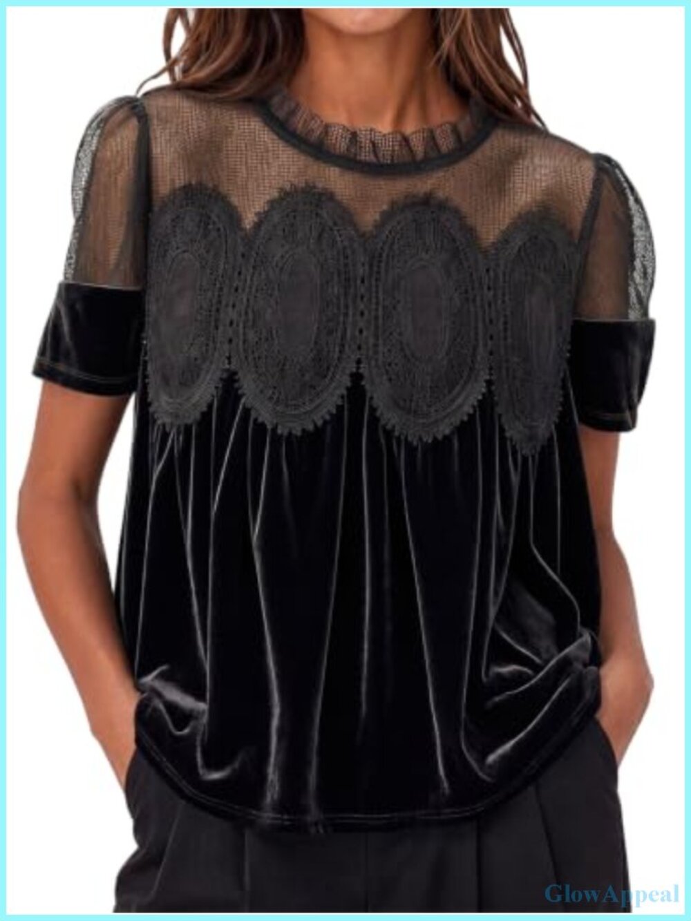 Velvet Lace Puff Sleeve Peplum Blouse Babydoll Top